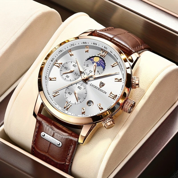 Stilvolle Davion Herrenuhr mit klarem Zifferblatt, Quarzwerk und hochwertigem Lederarmband; modernes Herren-Accessoire.