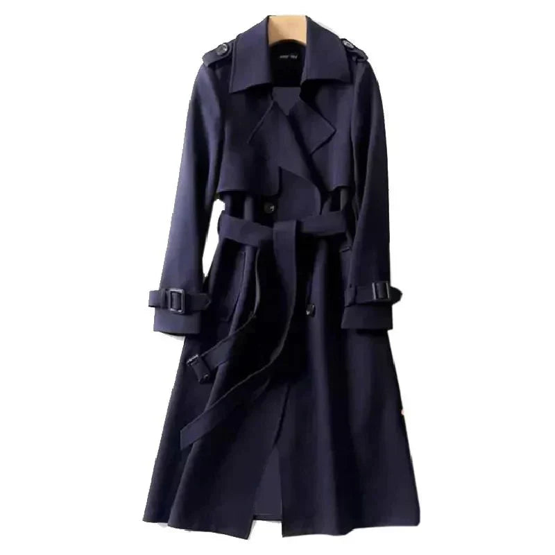 Stilvoller Damenmantel, langer Trenchcoat mit Gürtel, perfekt als Übergangsmantel für Damen.