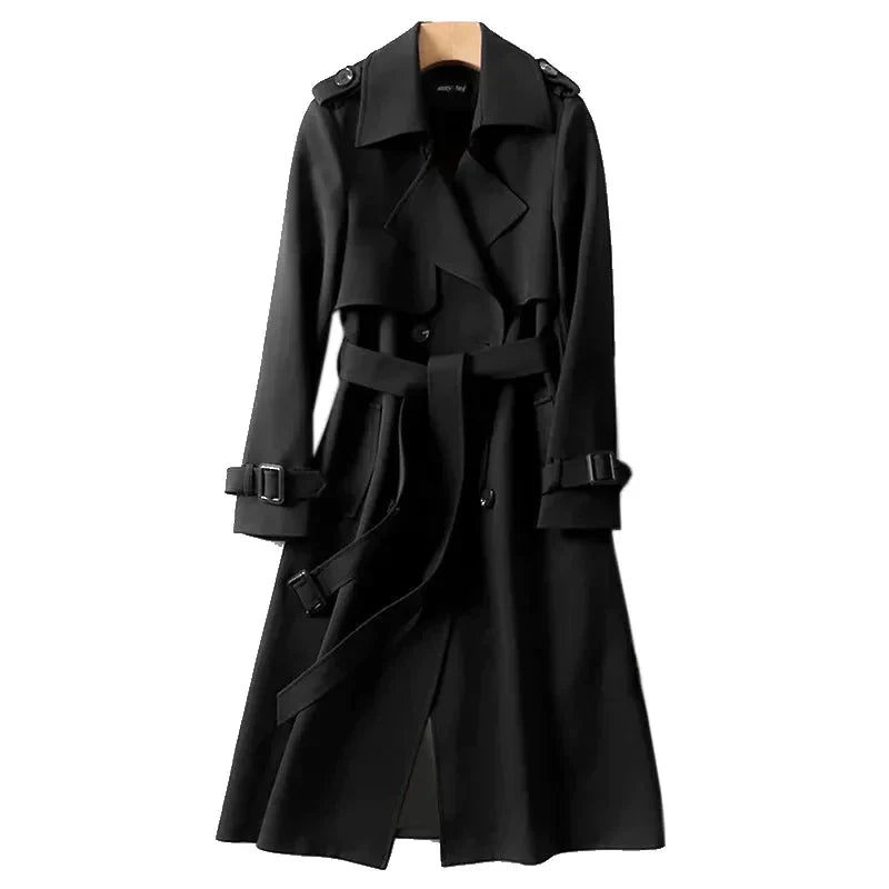 Eleganter langer Damen Trenchcoat mit Bindegürtel, zeitloser Klassiker für stilvolle Damenmode.