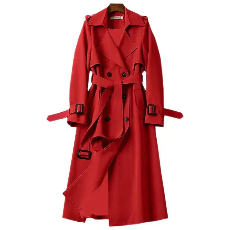 Hochwertige Oberbekleidung: Langer Damen Trenchcoat mit Gürtel, vielseitig für Frühling & Herbst Mode.