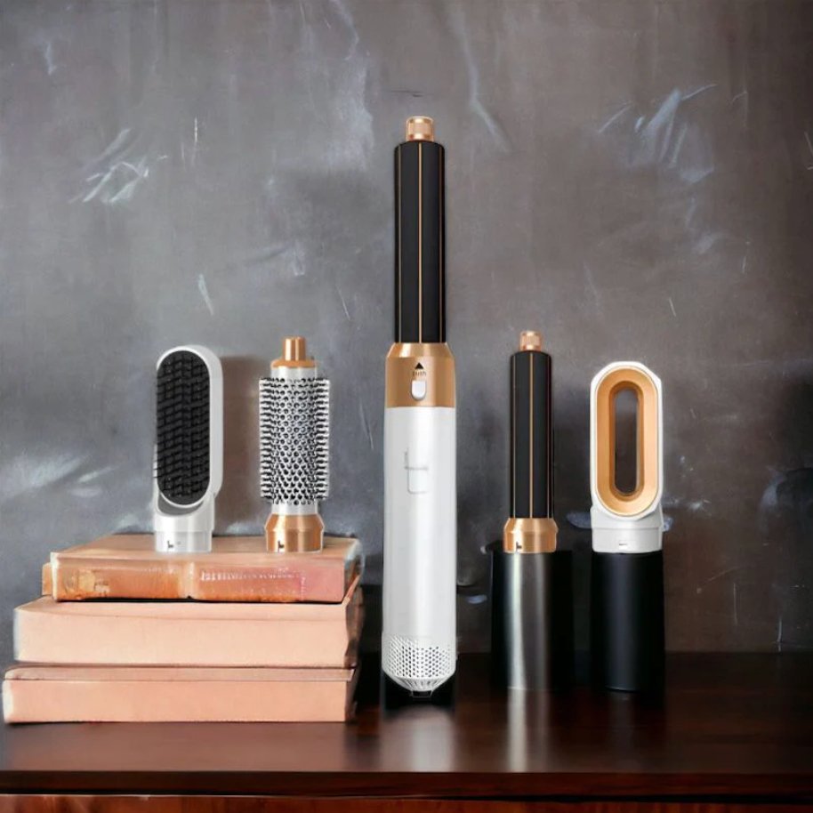 Vielseitiger 5-in-1 Haarstyler mit Coanda-Effekt Lockenstab und Bürsten für gesundes Haarstyling.