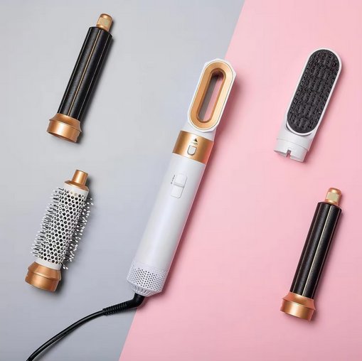 Professioneller Airstyler mit 5 Wechselköpfen: Locken, Wellen, Trocknen, Glätten & Volumen für alle Haartypen.