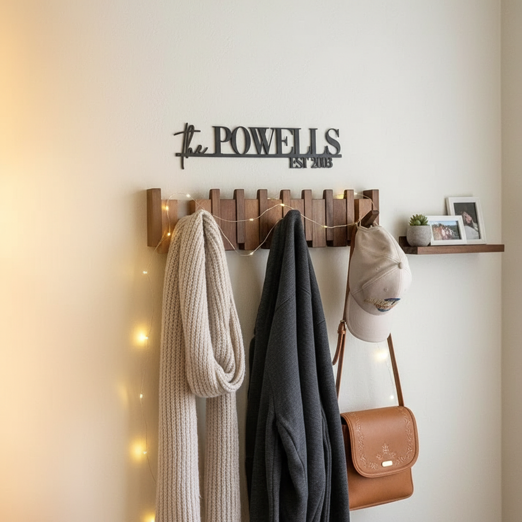 Elegante Klavier-Wandgarderobe aus Holz für stilvolle Flur-Ordnung; moderne Hakenleiste im Piano-Design.