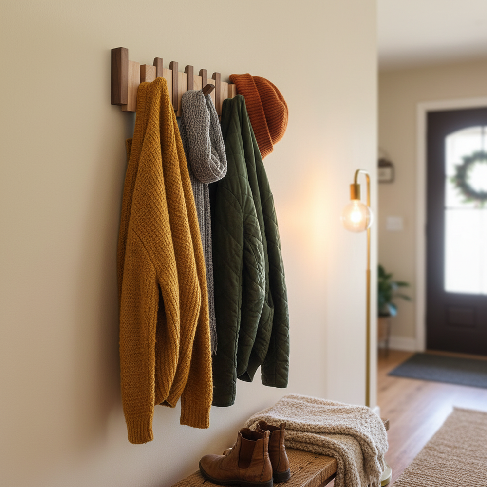 Holz-Garderobe im Klavier-Design; platzsparende Wandhakenleiste für den Flur; stilvolle Einrichtungsidee.