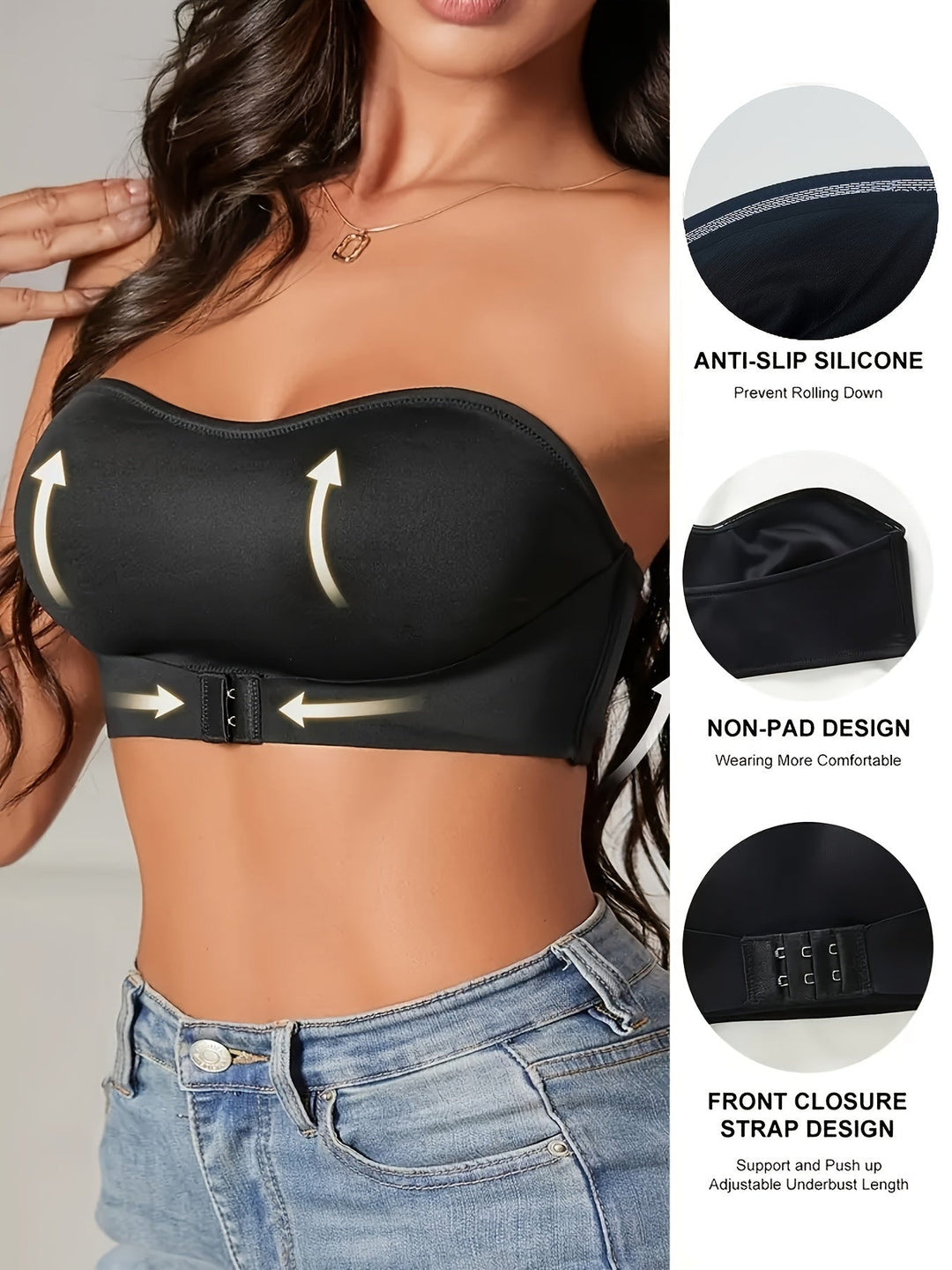 Vielseitiger nahtloser Bandeau BH für Damen in Weiß, mit optional transparenten Trägern für jedes Outfit.