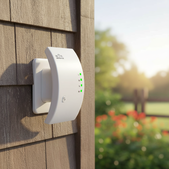 NetBoost WLAN-Repeater mit WPS für stabile Internetverbindung zuhause und im Büro. Einfache Installation.