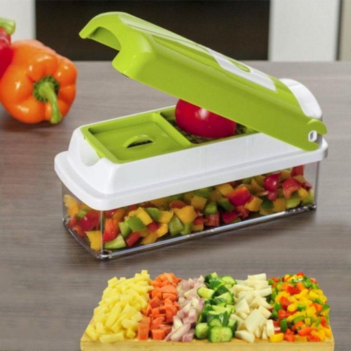 Multifunktionaler Gemüseschneider SlicePro als Küchenhelfer zum Schneiden, Reiben, Hobeln & Würfeln von Obst.