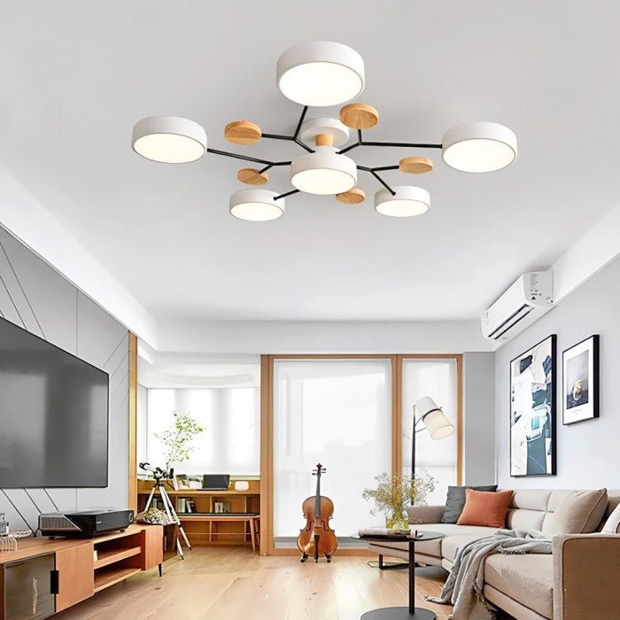Moderne LED-Deckenleuchte im skandinavischen Stil für Wohnzimmer. Warmweißes, energieeffizientes Designlicht.