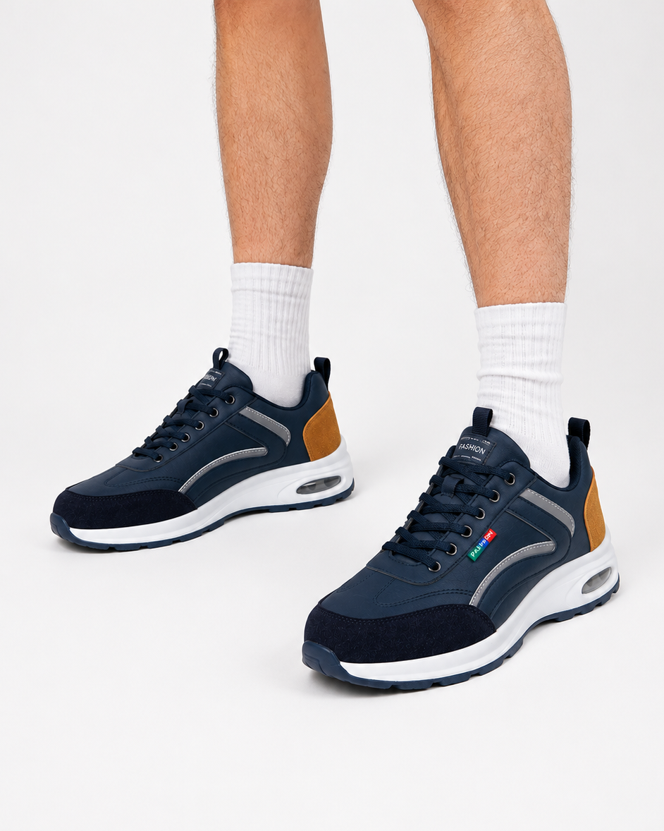 Blaue orthopädische Herrenschuhe, schmerzfrei, bieten höchsten Komfort und Halt für gesunde Füße den ganzen Tag.