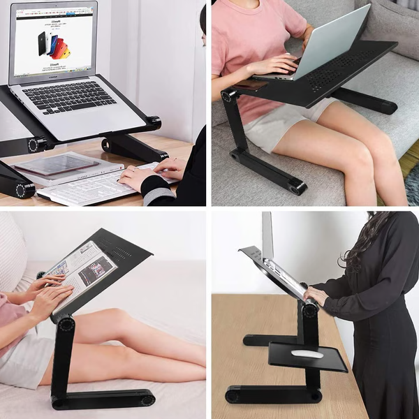 Flexibler FlexStand Notebookständer, tragbar, mit integriertem Mauspad, ideal für komfortables Arbeiten überall.