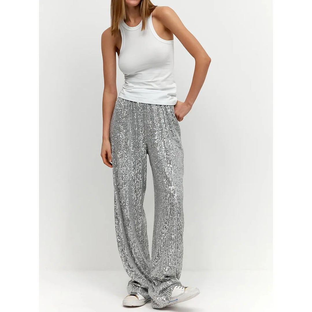 Elegante, funkelnde Paillettenhose für Damen in Silber. Perfekte Partyhose für festliche Anlässe und glamouröse Abende.