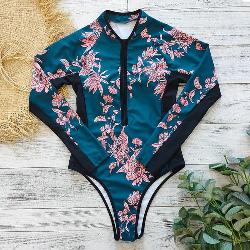 Modischer Damen Langarm-Badeanzug mit Reißverschluss, perfekt für Surfen & Strand. Sportlicher Einteiler.
