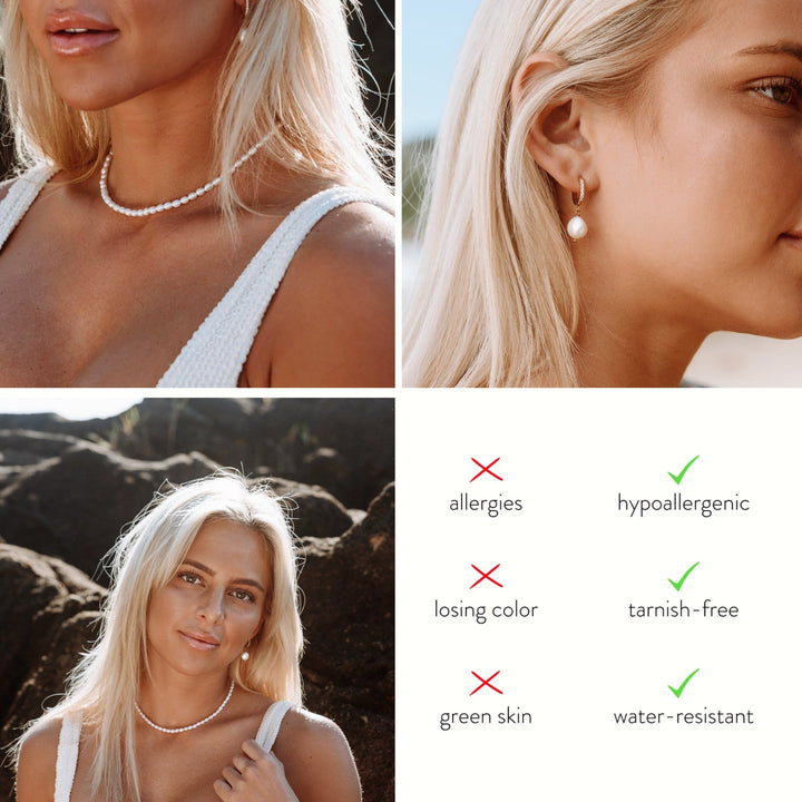 Detailansicht des goldenen Perlen-Chokers und der Creolen für Damen, hypoallergen und wasserfest.