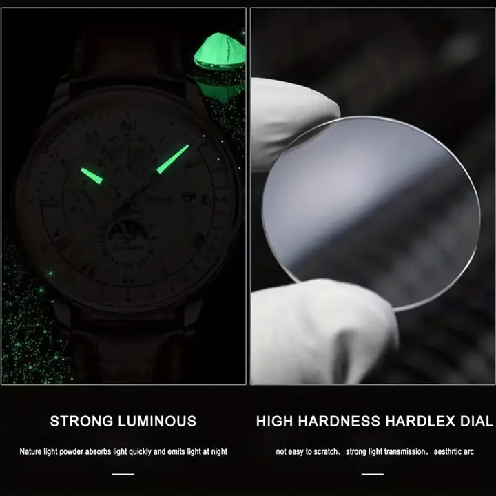Robuste Rückseite der Herren Automatik Armbanduhr aus Edelstahl. Mechanische Uhr mit Saphirglas für Herren.