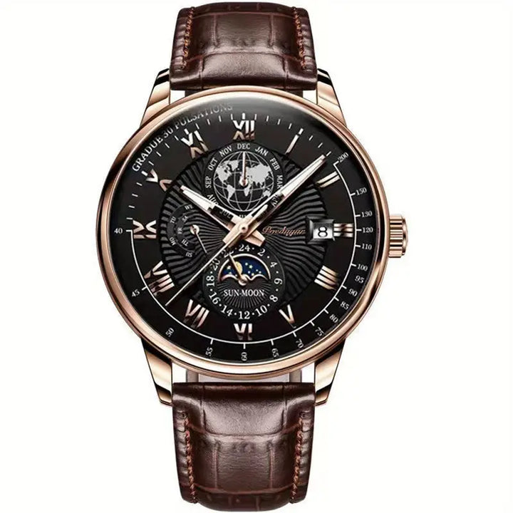 Klassische Herren Automatikuhr am Handgelenk. Zeitlose mechanische Armbanduhr mit Edelstahl & Saphirglas.
