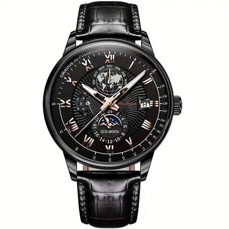 Herren Automatikuhr als elegantes Geschenk. Mechanische Armbanduhr mit Saphirglas & Mondphasenanzeige im Etui.
