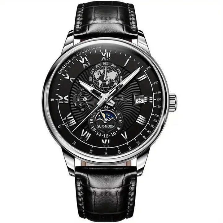 Zeitlos elegante Herren Automatikuhr. Klassische mechanische Armbanduhr mit Saphirglas & Mondphasenfunktion.