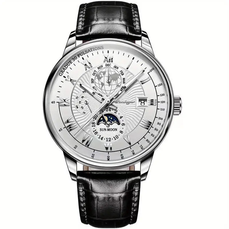 Zifferblatt der Herren Automatik Uhr mit Mondphasenanzeige & kratzfestem Saphirglas. Präzises mechanisches Werk.