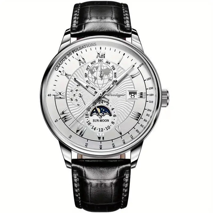 Zifferblatt der Herren Automatik Uhr mit Mondphasenanzeige & kratzfestem Saphirglas. Präzises mechanisches Werk.