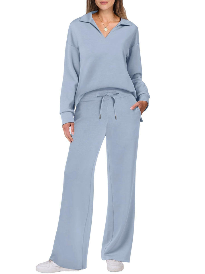 Schickes Damen Komfortset: V-Ausschnitt Oberteil & weite Hose; perfekt als Hausanzug.