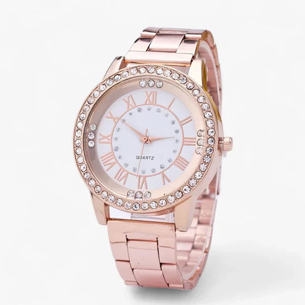 Damen Luxusuhr aus poliertem Edelstahl mit funkelnden Diamanten auf dem Zifferblatt; stilvolles Accessoire.