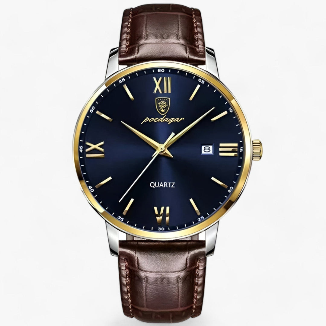 Zeitlose Luxus-Herrenarmbanduhr 'Adrien' mit edlem Lederarmband, robustem Gehäuse und minimalistischem Zifferblatt.