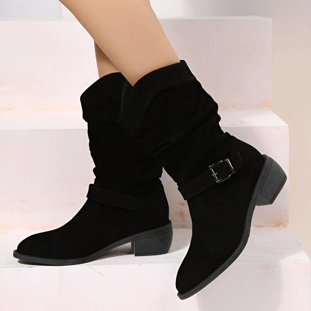 Braune Slouch Damenstiefel, ideal als Herbststiefel & Frühlingsstiefel. Komfortable, robuste Freizeitschuhe.