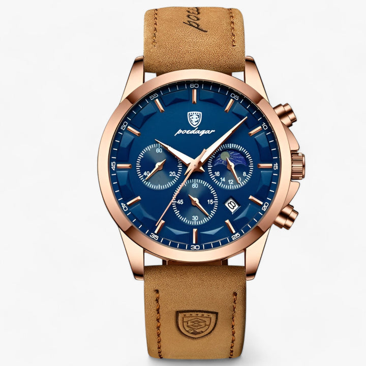 Luxe Herrenarmbanduhr Cassian mit braunem Lederarmband und elegantem Titangehäuse.