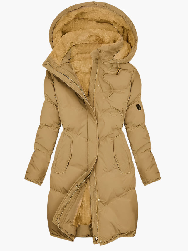 Stilvoller Damen Wintermantel mit warmer Kapuze und weichem Kunstpelz. Ideal für Eleganz und Wärme im Winter.