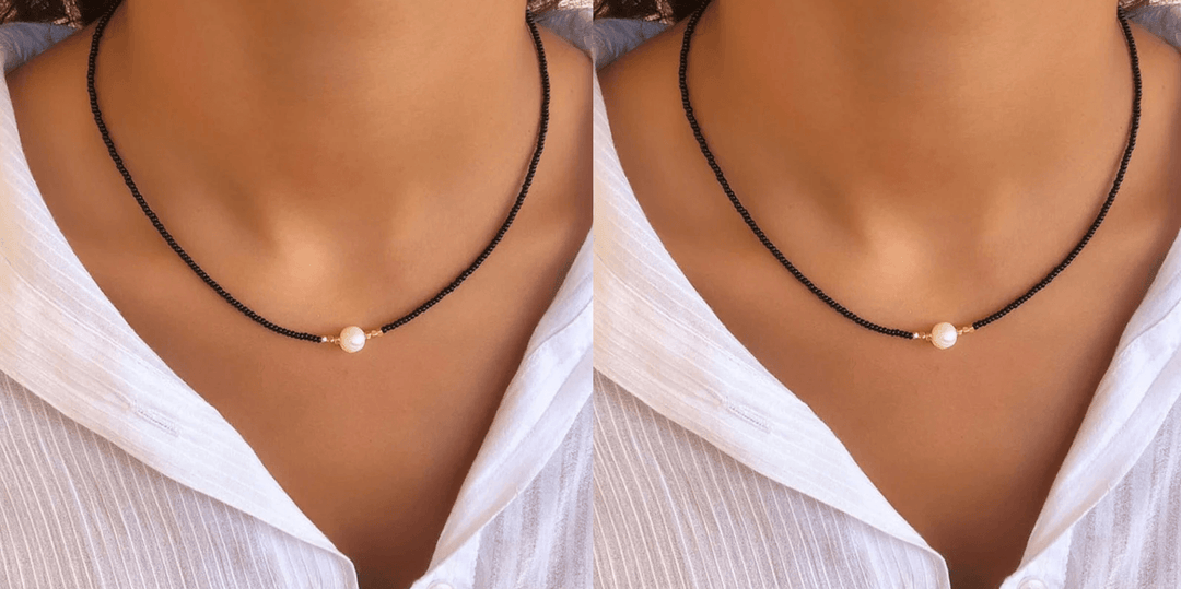 Detailansicht: Der Lüster der Süßwasserperlen einer eleganten Damenkette, hochwertiger Halsschmuck.