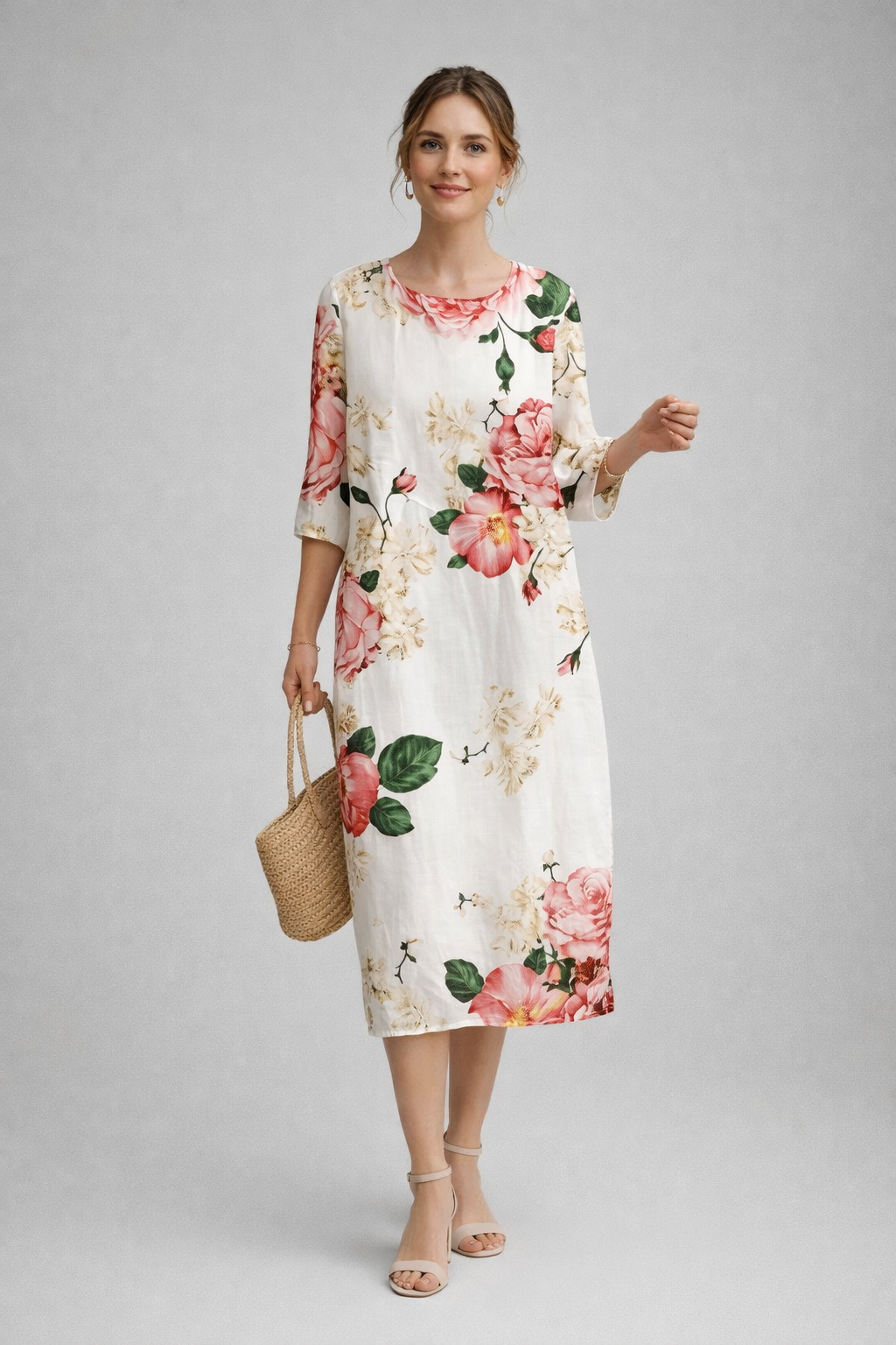 Elegantes Damen Sommer Midikleid mit zartem Blumenmuster. Luftig und vielseitig, ideal für Freizeit und Büro.