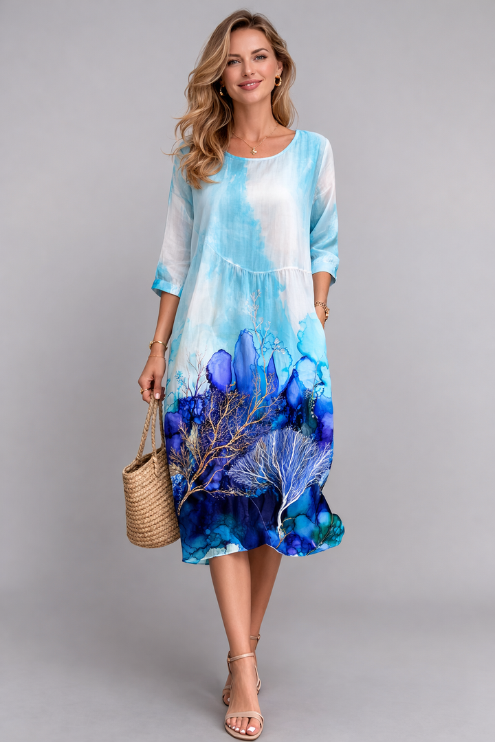 Leichtes, fließendes Damen Midikleid mit schönen Blumen, das perfekte bequeme Sommerkleid für jeden Anlass.