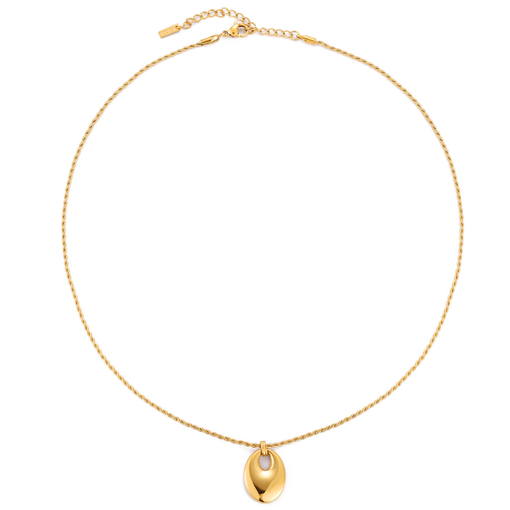 Nahaufnahme: Elegante Damen Statement Halskette aus wasserfestem & hypoallergenem Edelstahl mit feinem Anhänger.