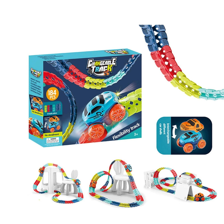 Mädchen lacht beim Spielen mit der leuchtenden, magnetischen Rennstrecke für Kinder.