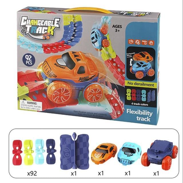 Bunte Autos fahren auf der leuchtenden, flexiblen Magnet-Autorennbahn für Kinder.