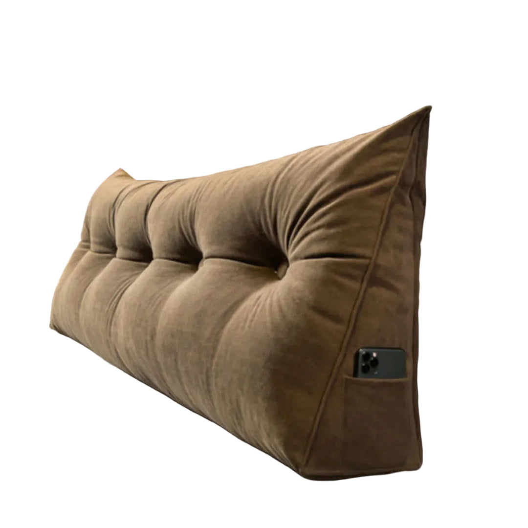 Ergonomisches Rückenkissen mit waschbarem Baumwollbezug und praktischer Seitentasche.