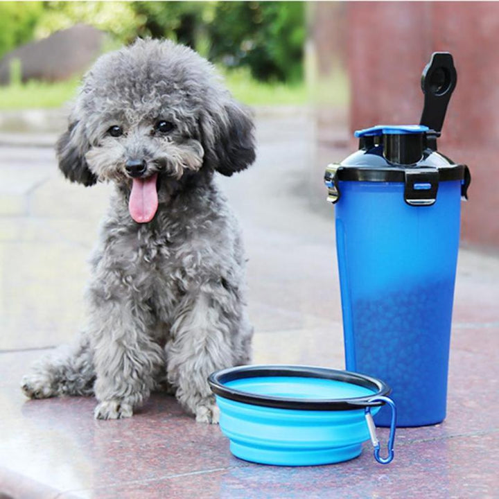 Outdoor 2-in-1 Reisebecher PawBuddy™ für Haustiere, mit integriertem Napf für Wasser und Futter.