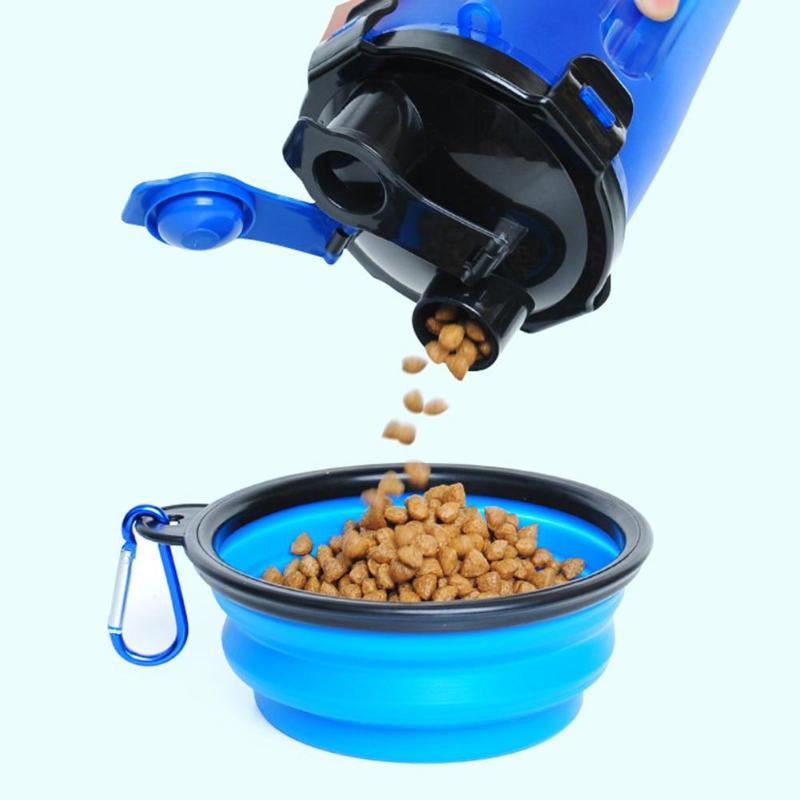 Robuster 2-in-1 Haustier Reisebecher PawBuddy™ in blau, mit abnehmbarer Wasserschale & Futterkammer.