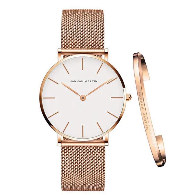 Elegantes Damenuhr Geschenkset: Luxus Edelstahl Armbanduhr in Roségold mit passendem Armband, perfekt für stilvolle Frauen.
