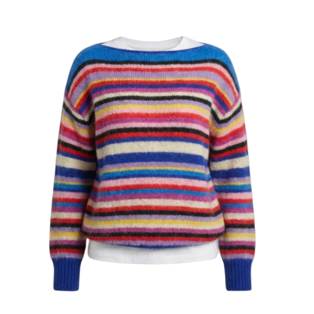 Bequemer Damen Langarm Strickpullover mit fröhlichem Streifenmuster, perfekt für Freizeit und Casual-Outfits.