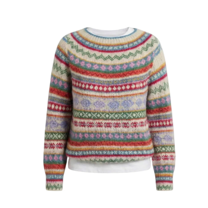 Damen Strickpullover in Gelb, Blau, Weiß gestreift, mit modischer lockerer Passform für stilvolle Layering-Looks.