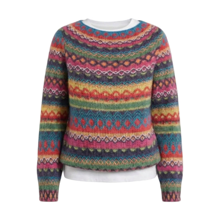 Gelb-blau-weiß gestreifter Damen Strickpullover mit lockerer Passform für bequemen Alltagslook.