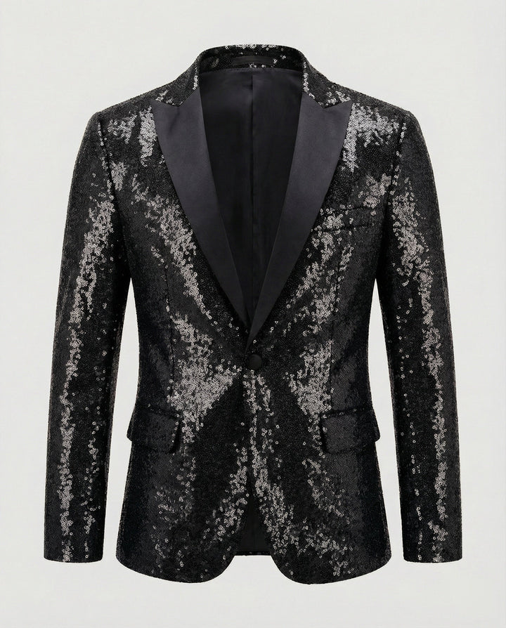 Luxuriöser goldener Herren Pailletten Blazer. Glänzender Party Blazer, perfekt als Abend Sakko für Events.
