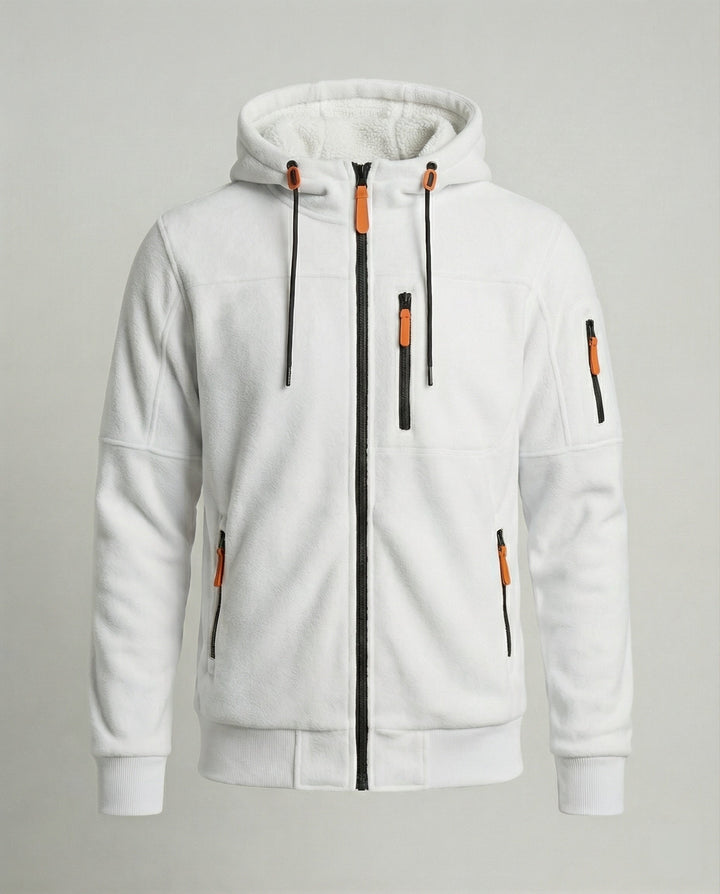 Detailaufnahme der Herren Kapuzenjacke. Hochwertiger Reißverschluss, stilvolle Verarbeitung, komfortable Passform.