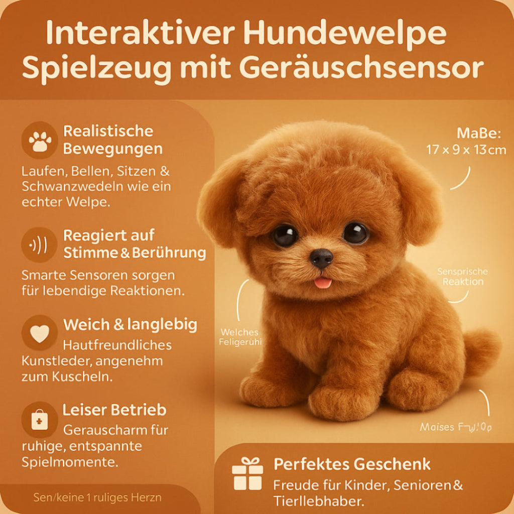 Detailreicher, beweglicher Plüschhund (braun/weiß) als interaktives Kuscheltier & Spielzeug für Kinder.