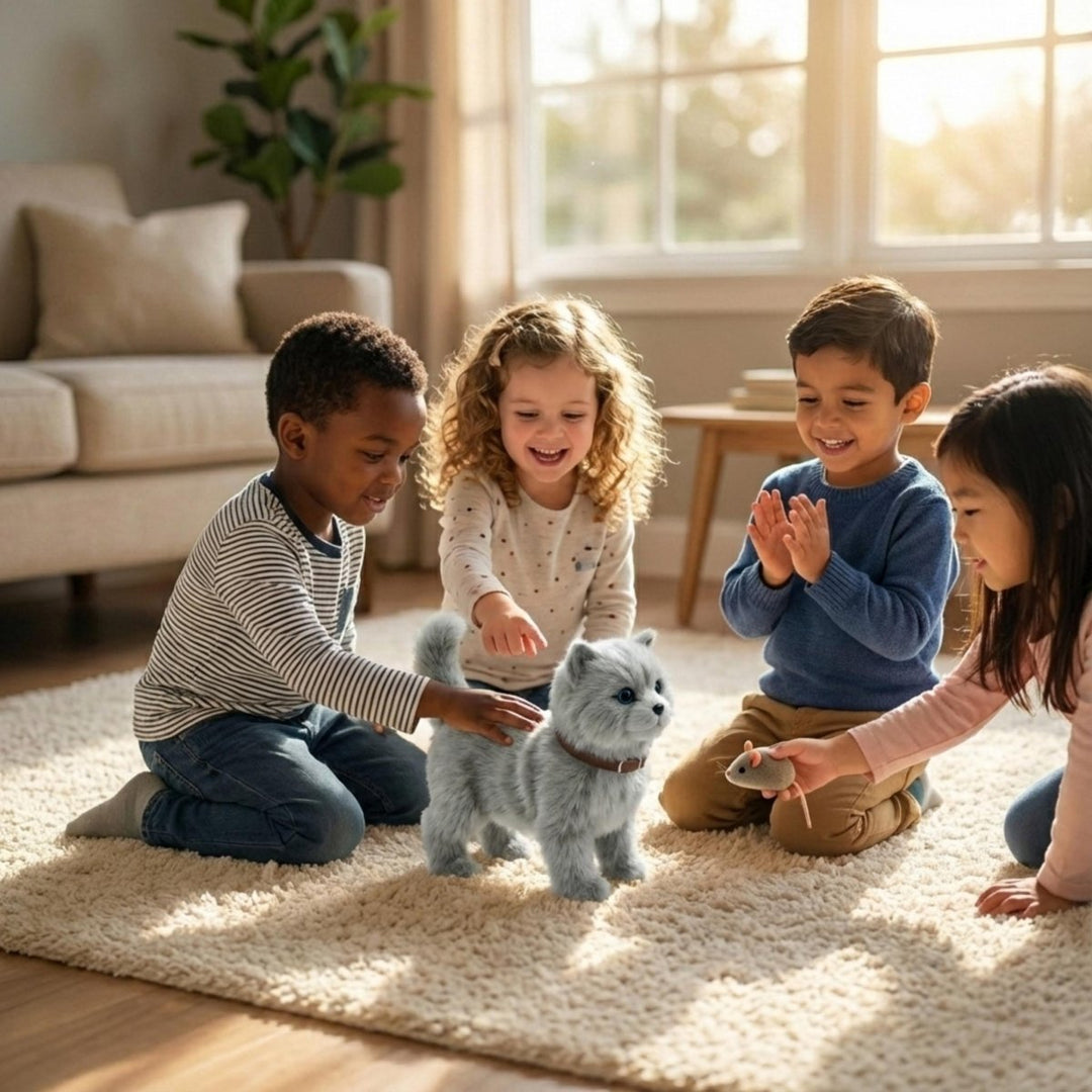 Kuscheliges Roboter-Kätzchen, weiches Plüschtier und elektronisches Haustier für fantasievolles Spiel der Kinder.