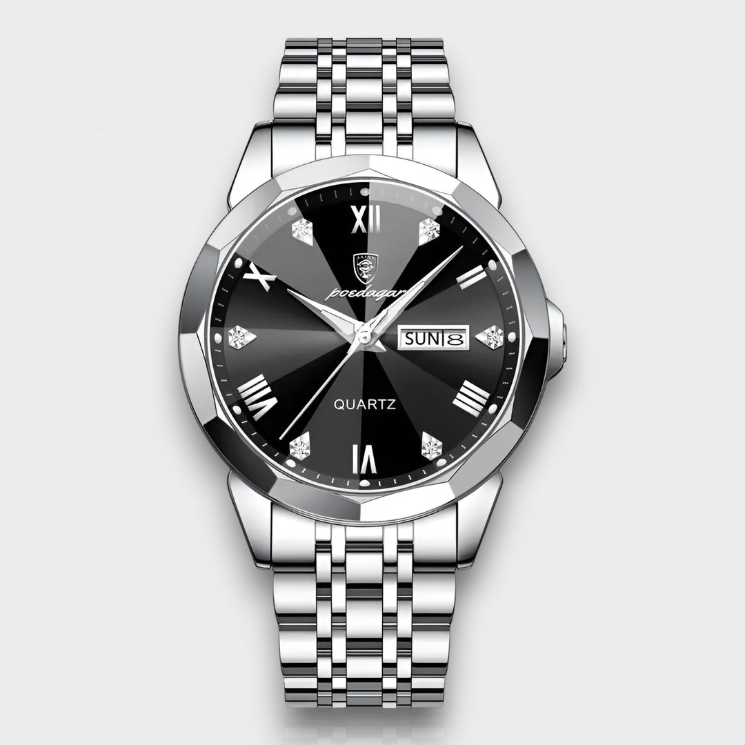 Hochwertige Herren-Automatikuhr aus Edelstahl mit Saphirglas und feinem Lederarmband. Zeitlose Luxusuhr.