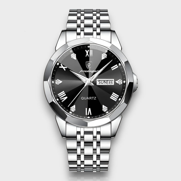 Hochwertige Herren-Automatikuhr aus Edelstahl mit Saphirglas und feinem Lederarmband. Zeitlose Luxusuhr.