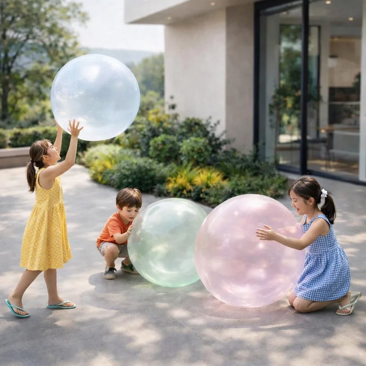 Leuchtender, aufblasbarer Riesenspielball in Hellblau, Grün & Rosa. Tolles Outdoor-Gartenspielzeug für Kinder.