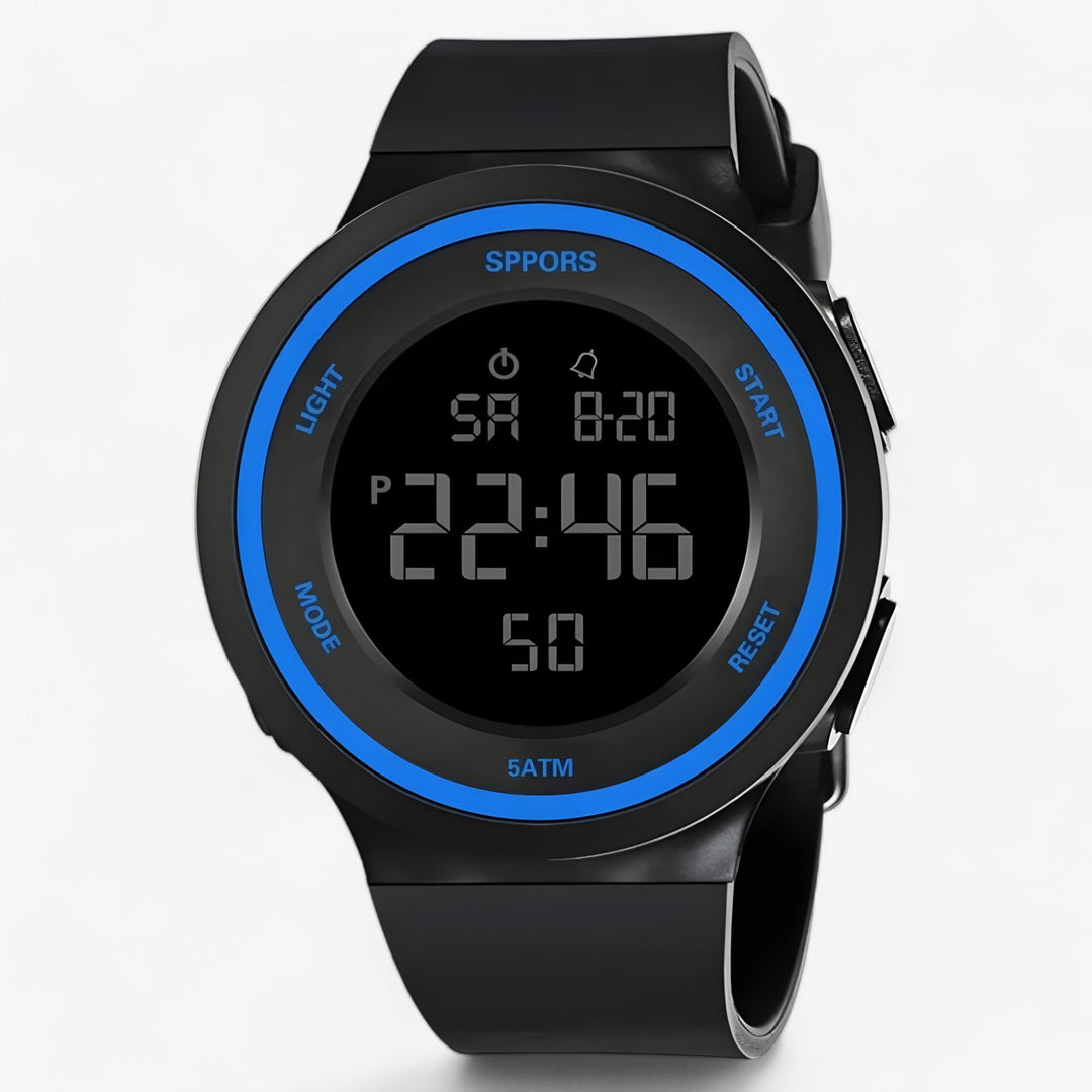 Vielseitige, wasserdichte Outdoor-Uhr mit LED-Anzeige, robust und digital, für Sport & Freizeit.